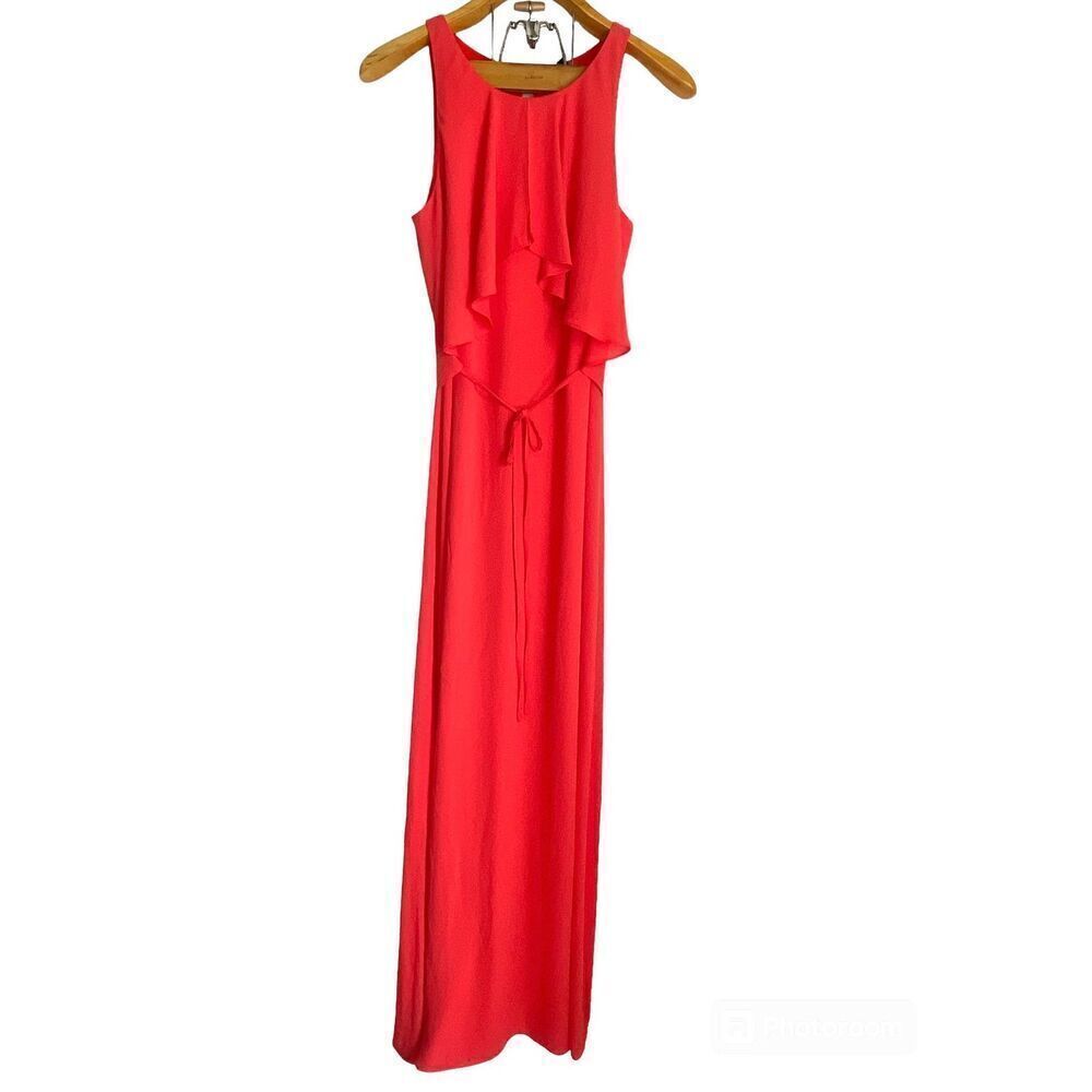 BCBG MaxAzria Orange Chiffon Open Back Maxi Dress Gown Size S Tie Waist